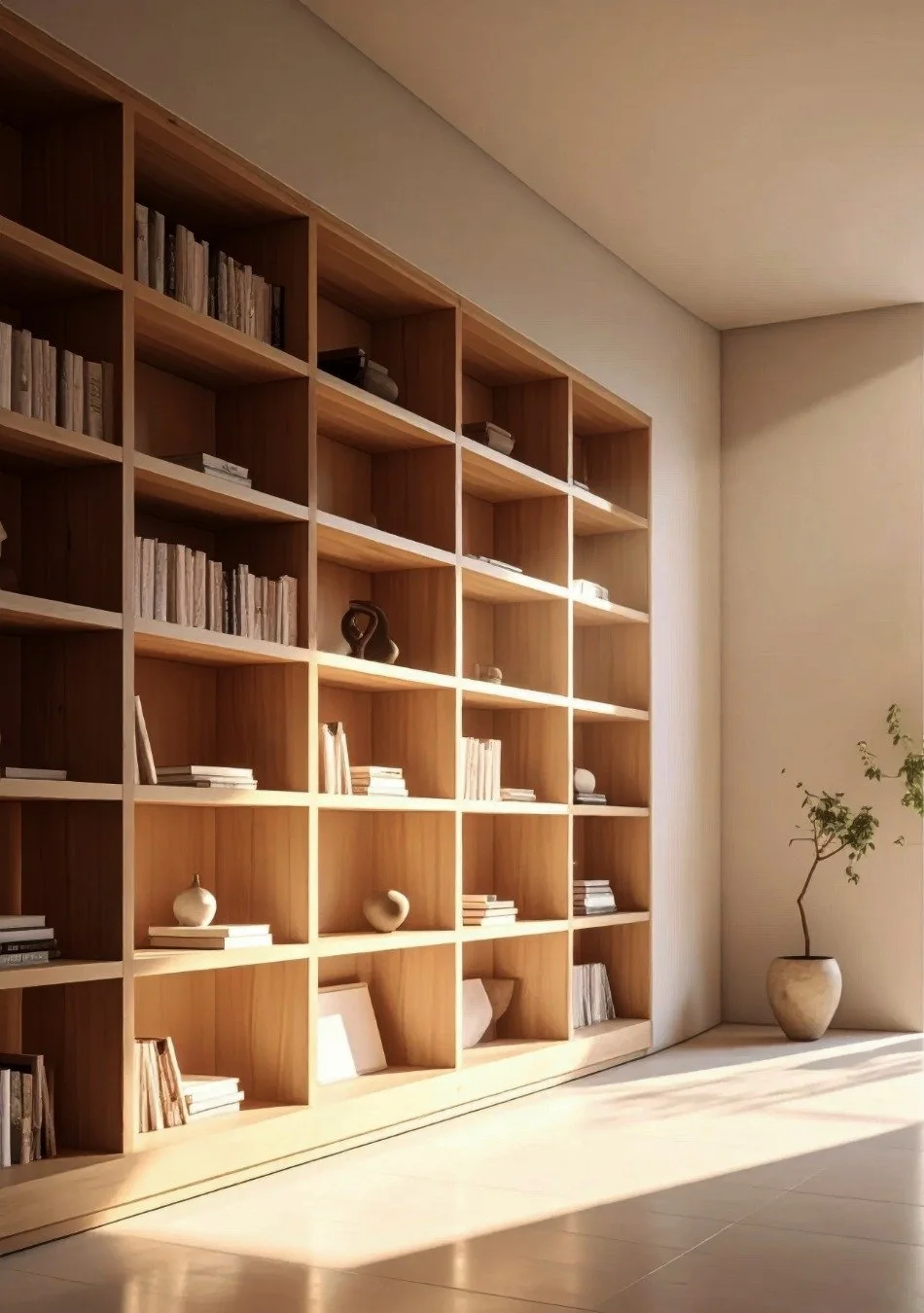 A large wooden bookshelf with various books and decorative objects, located in a well-lit room with a potted plant on the floor to the right.