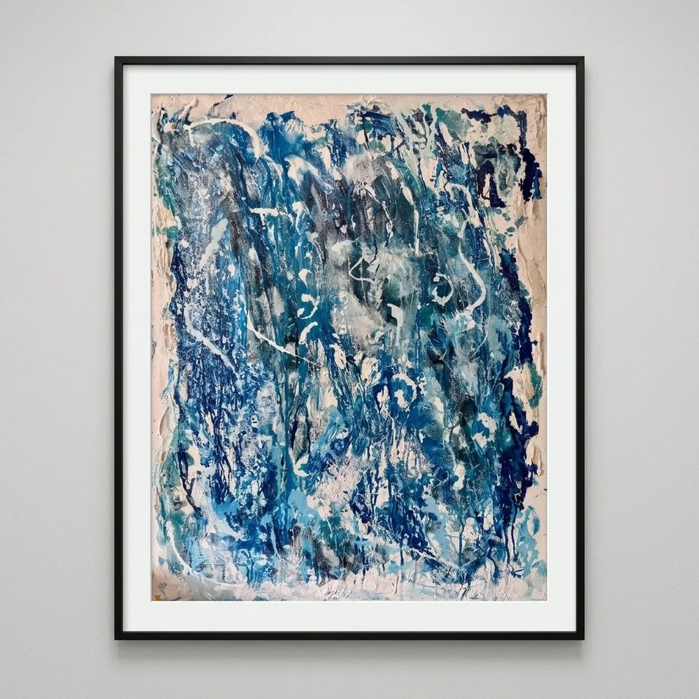 Large navy and teal blue abstract flow art painting, heavily textured, in a black frame