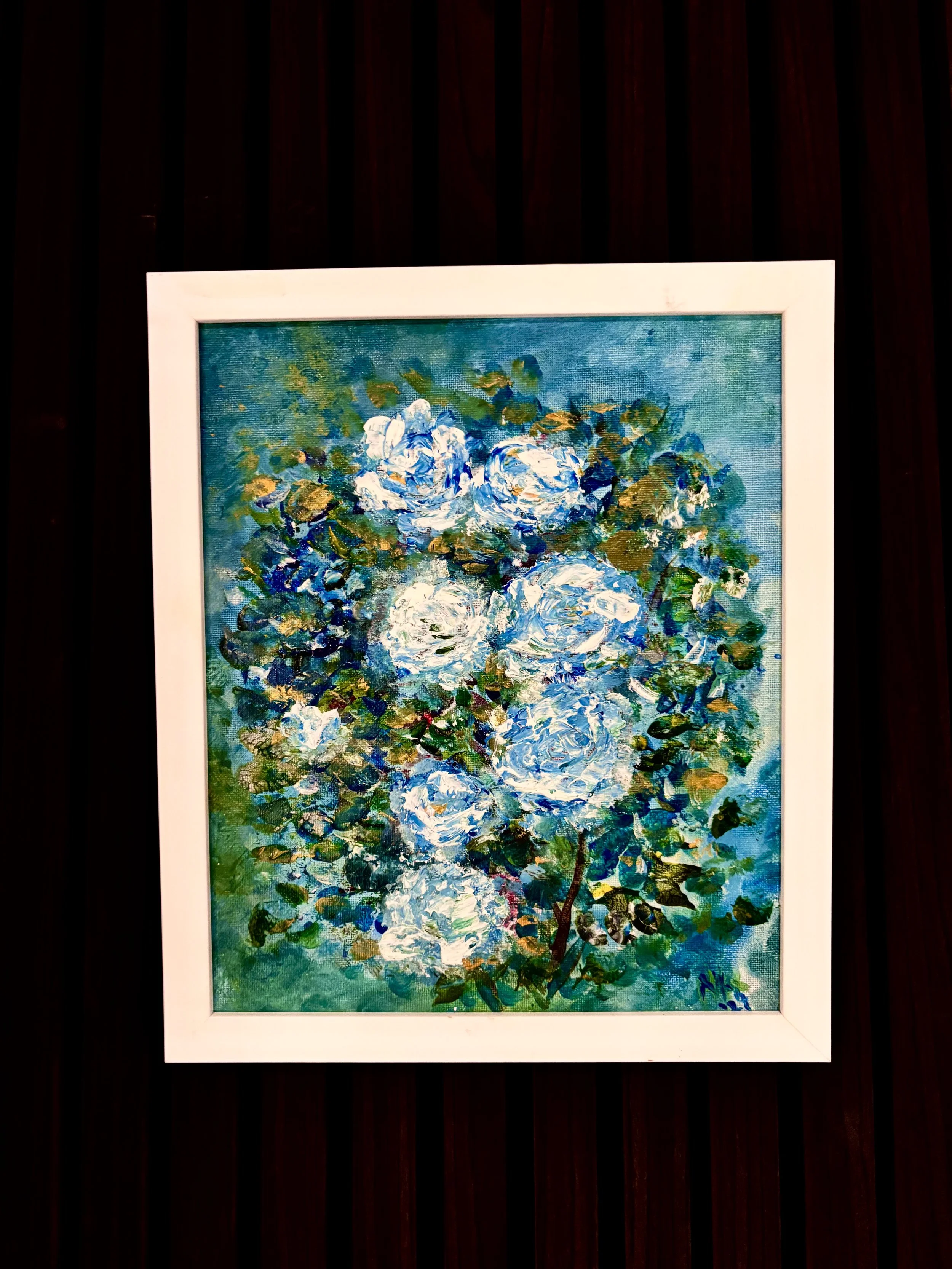 Title: Original Impasto Rose Painting –White Roses – Framed Floral Niche & Alcove Wall Art – Acrylic on Canvas