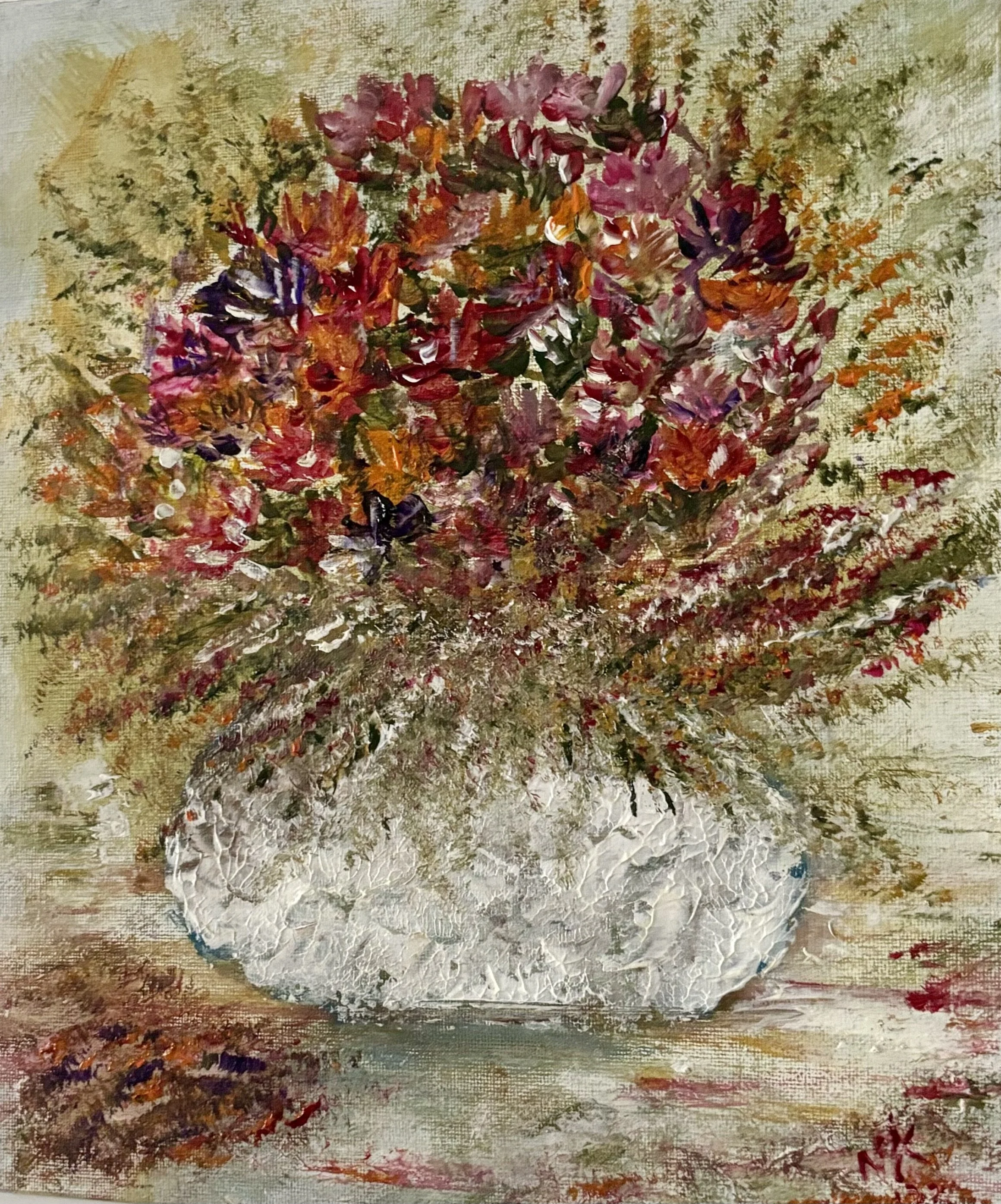Wild Flower Bouquet in White Vase – Original Acrylic Impasto Textured Wall Art