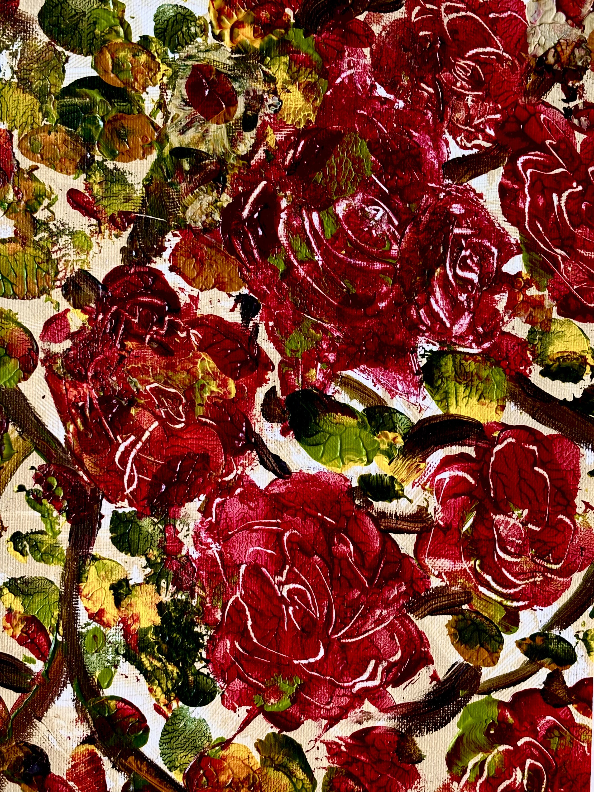 Title: Original Impasto Rose Painting – Deep Red Roses on Canvas – Palette Knife Floral Wall Art