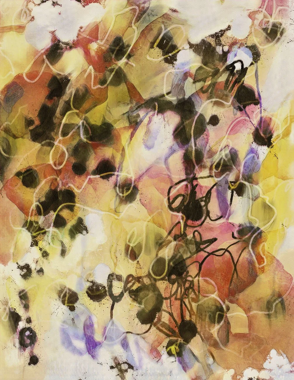 Abstract artwork with splashes of yellow, pink, orange, purple, and black ink, with overlapping shapes and lines.