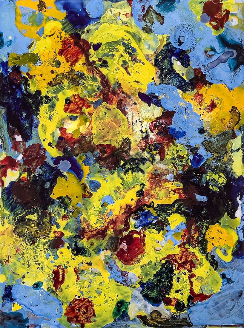Abstract painting with splashes of yellow, blue, red, and black colors.