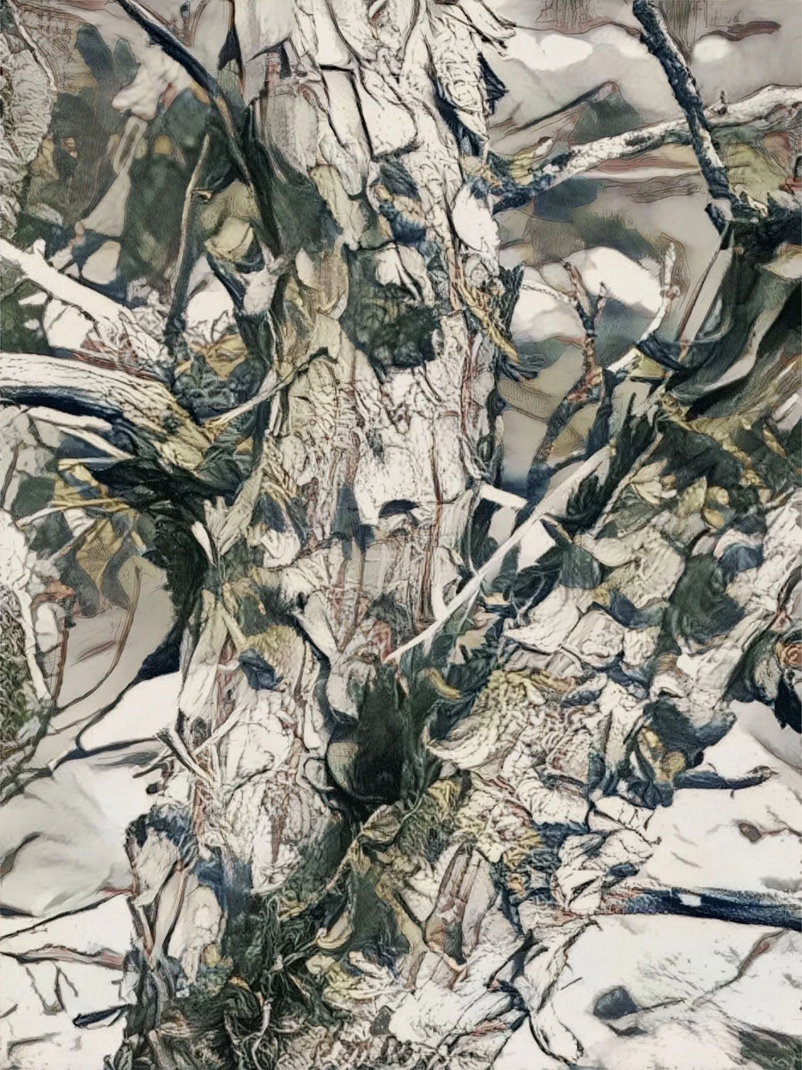 Close-up of a juniper with a mix of green, beige, and black colors and abstract leaf-like designs.