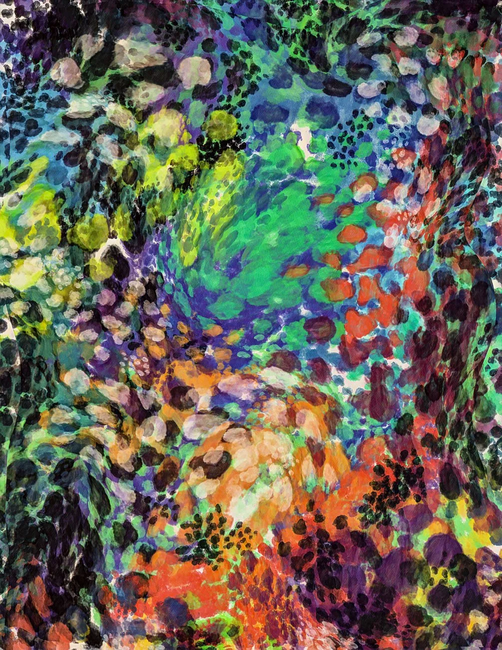 Abstract painting with vibrant colors including green, blue, purple, red, orange, yellow, and black, arranged in swirling, dotted, and splattered patterns.