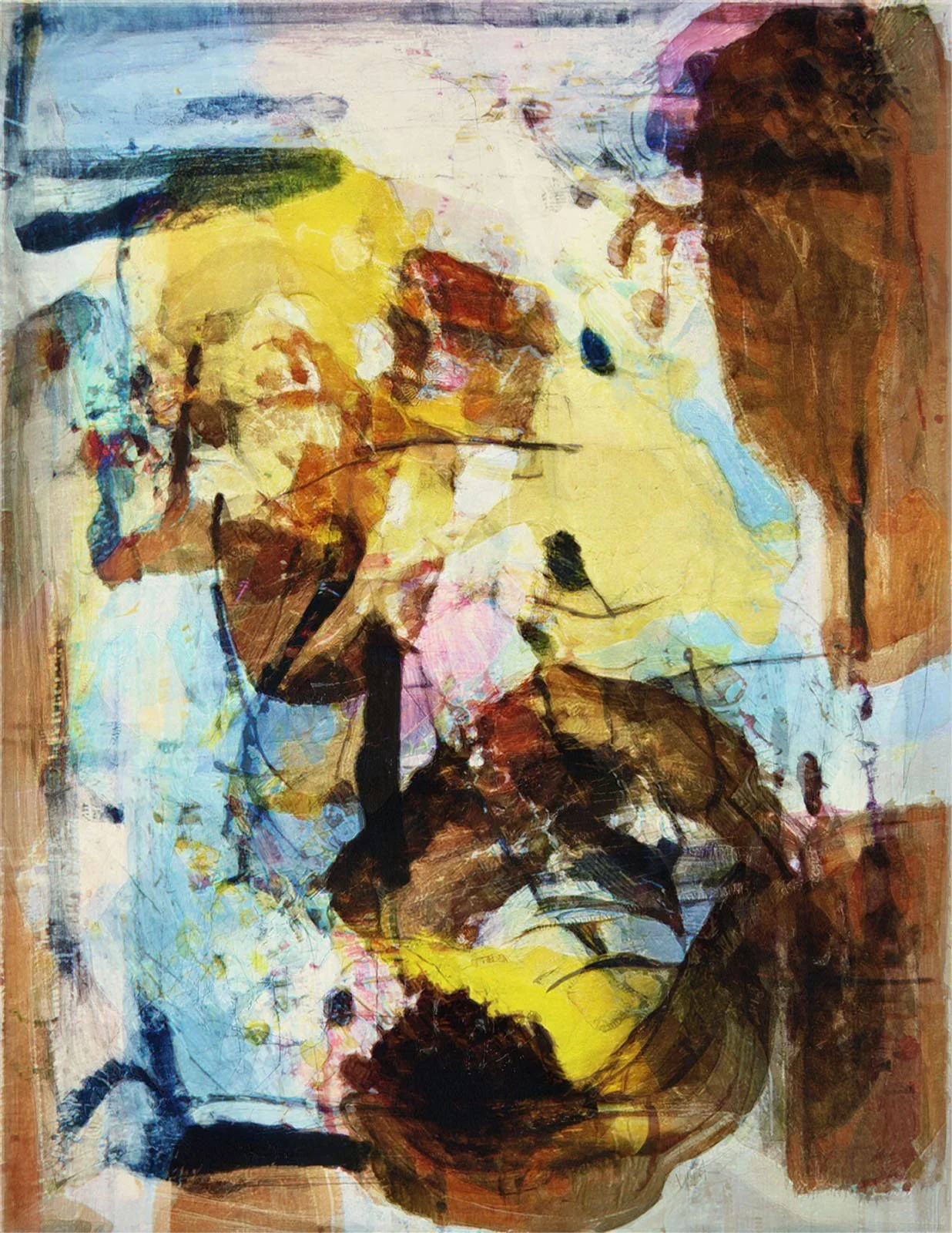 An abstract painting with a variety of colors including yellow, brown, white, blue, and pink, featuring layered brushstrokes and indistinct forms.
