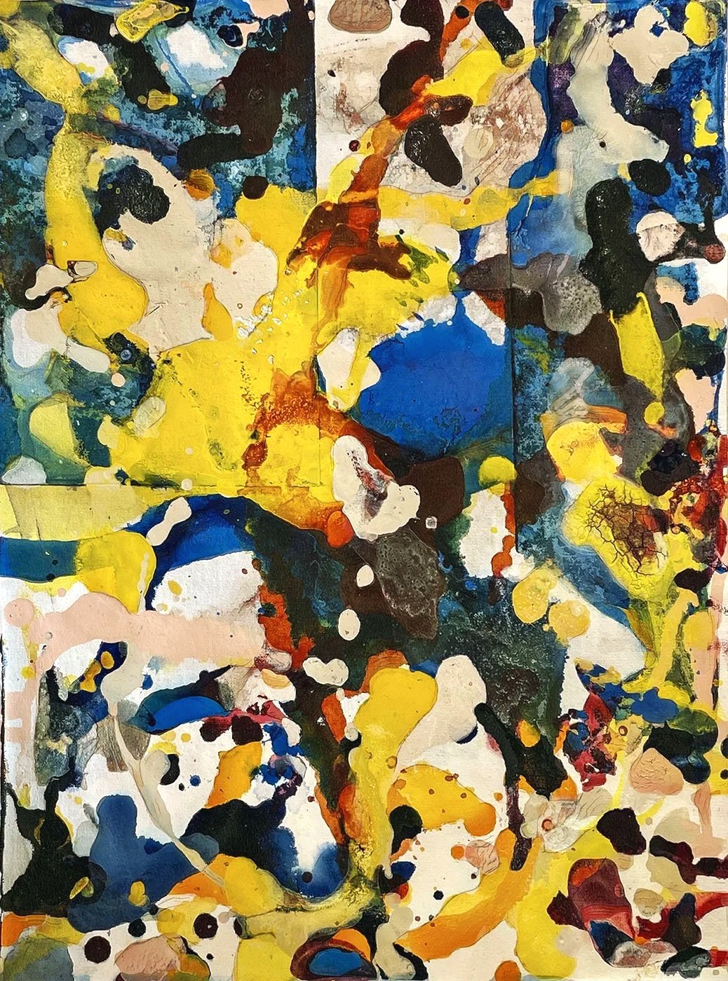 Abstract painting with splashes of yellow, blue, black, white, and red colors.