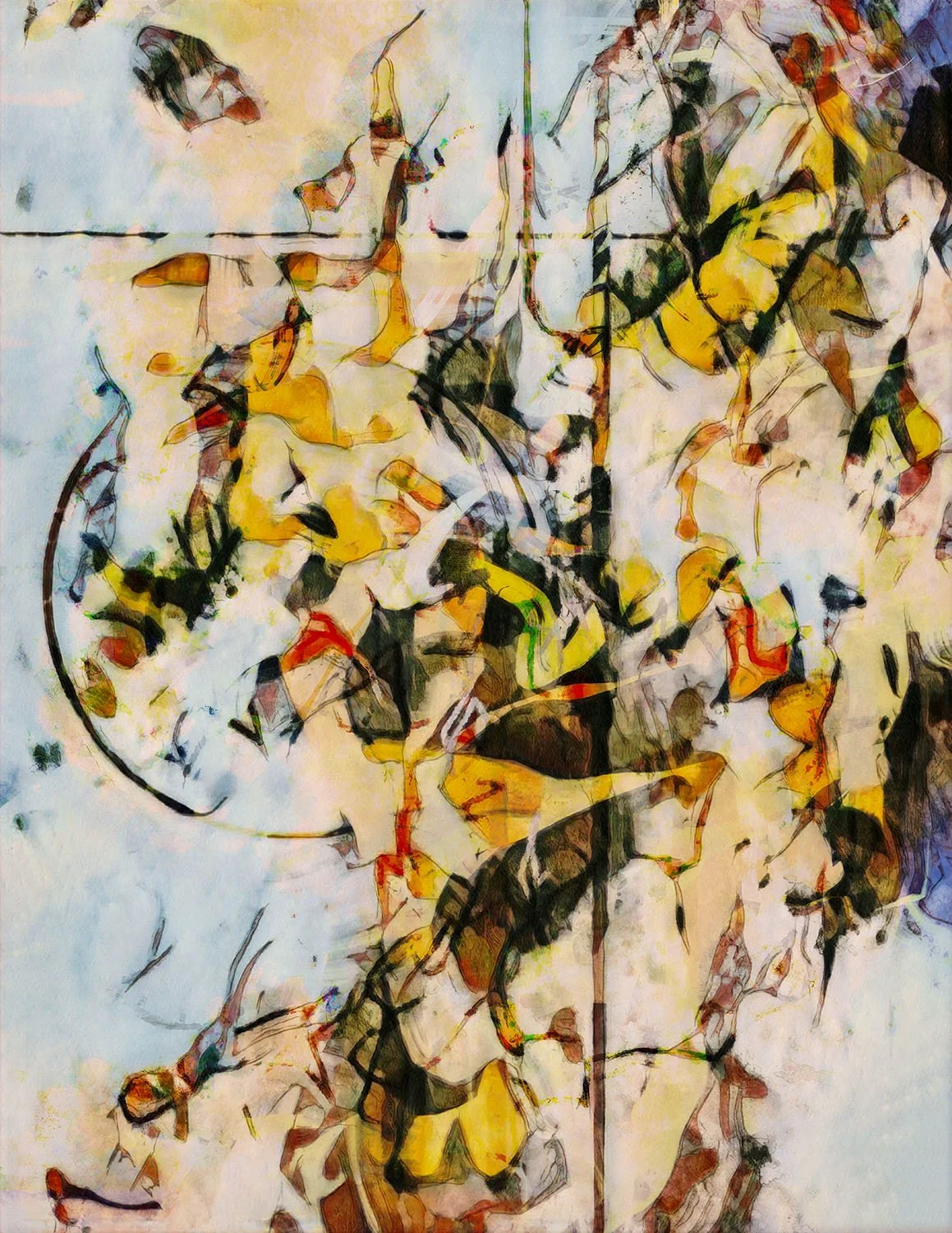 Abstract painting with yellow, black, red, and green brush strokes and splatters.