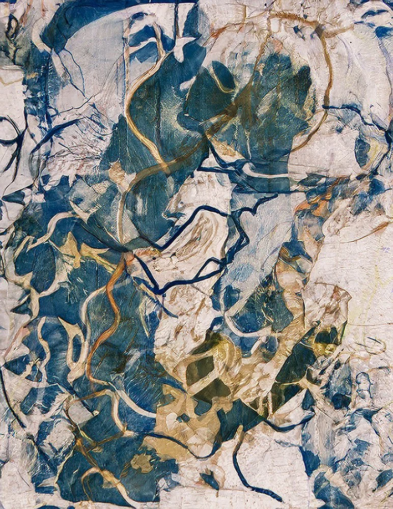 Abstract painting, with dominant blue, white, and gold colors, textured brushstrokes.