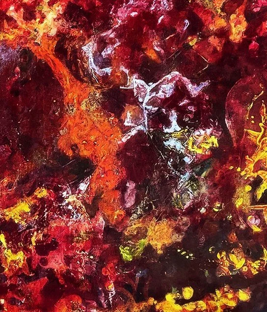 Abstract painting with fiery colors, including reds, oranges, yellows, blacks, and hints of purple and green, featuring swirling and splattered brushstrokes.