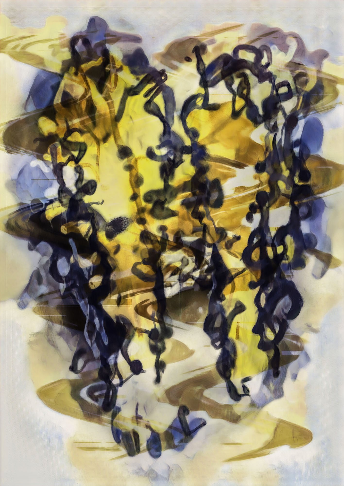 An abstract painting with black, purple, and yellow splashes, resembling a blurry bunch of flowers or an organic scene.