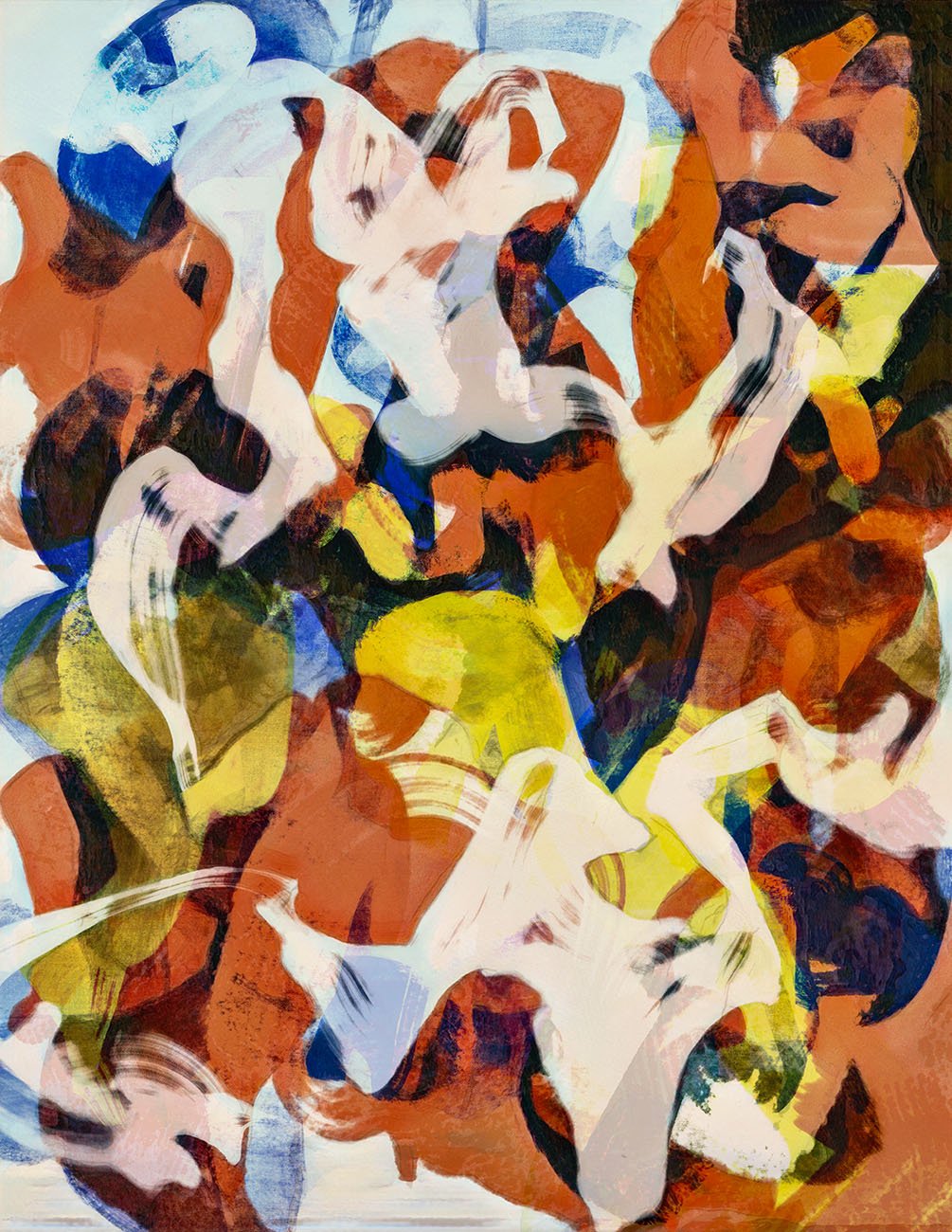 Abstract painting of three women's faces in warm colors with overlapping shapes and brushstrokes.