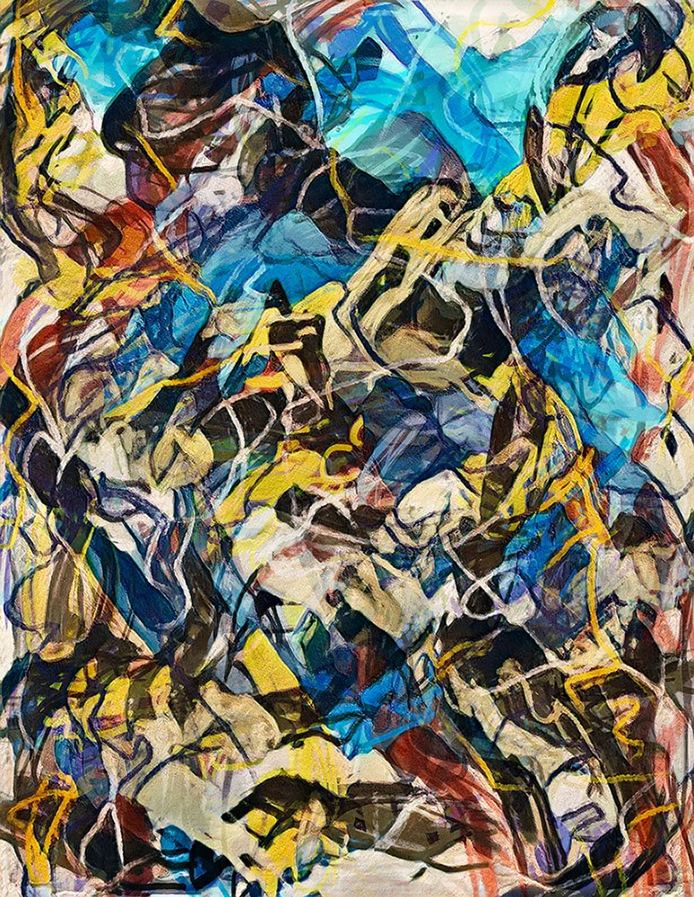 Abstract painting with vibrant blue, yellow, black, white, and red brushstrokes and lines.