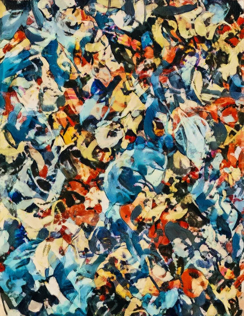 Abstract painting with a chaotic mix of colors including blue, yellow, orange, red, black, and white. The image appears to depict a densely packed scene with overlapping shapes and figures.