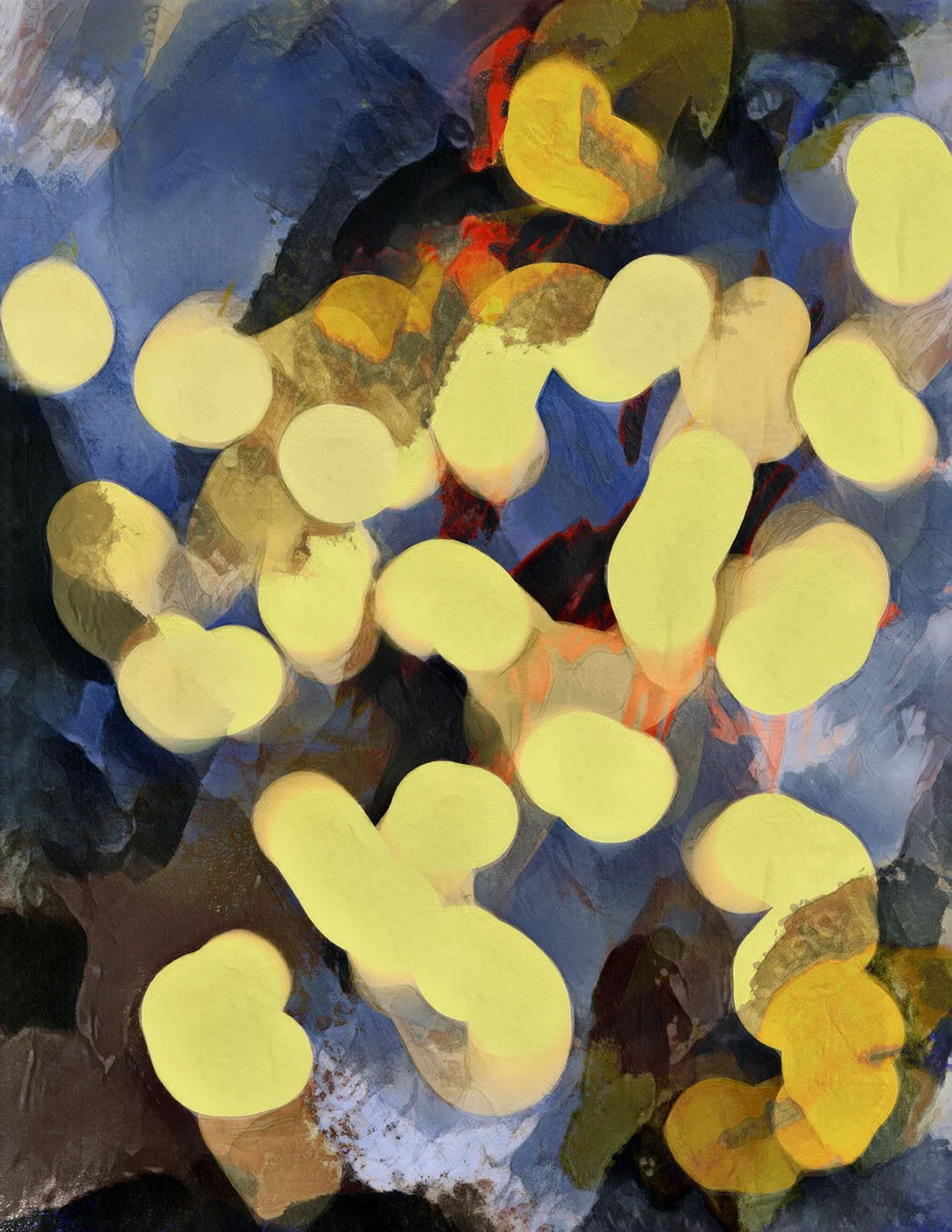 Abstract painting featuring yellow ovals against a background of dark blue, black, brown, red, and yellow hues.