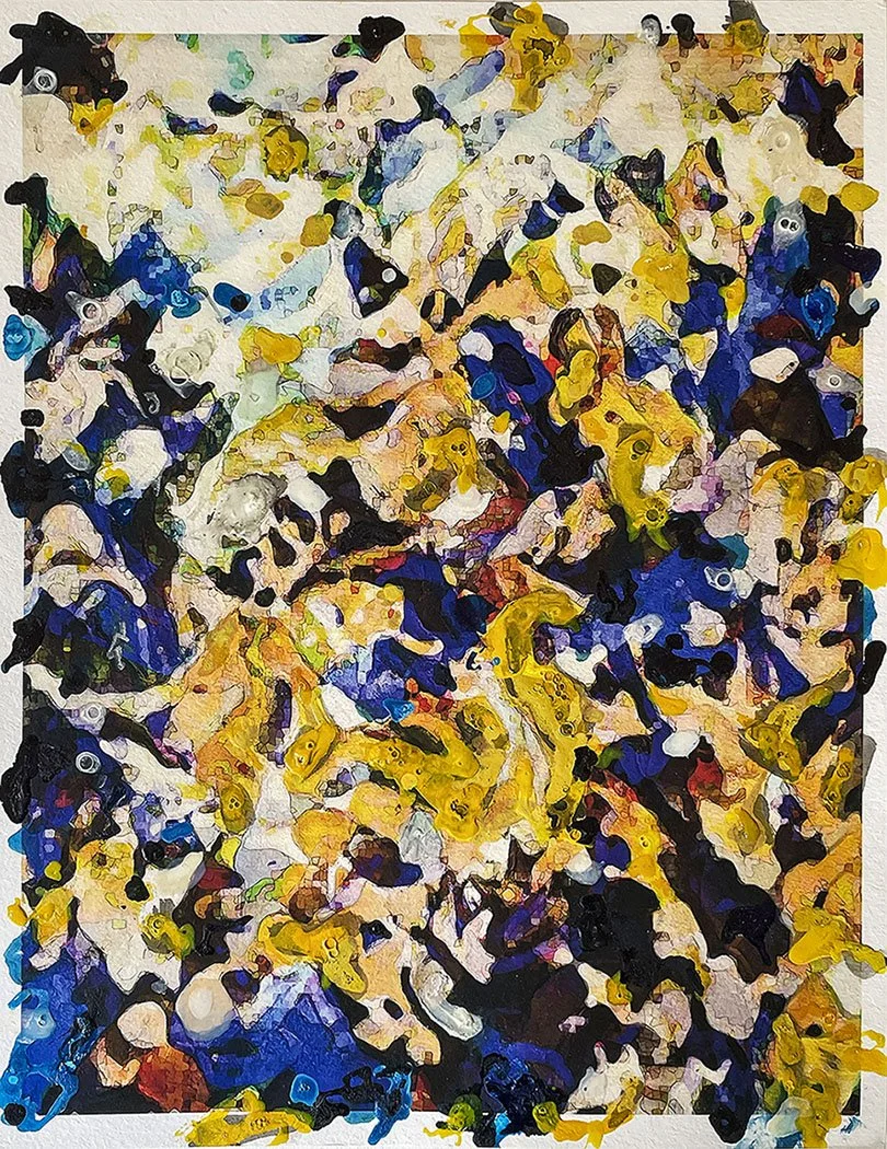 Abstract painting with vibrant colors, predominantly yellow, black, blue, and white, in a complex, layered pattern.