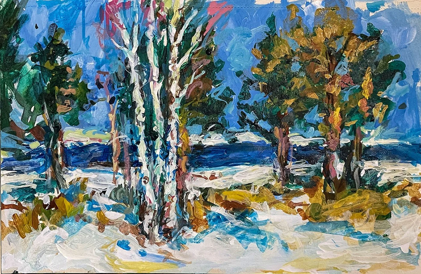 An impressionistic painting of a natural landscape in winter with trees and a blue sky.