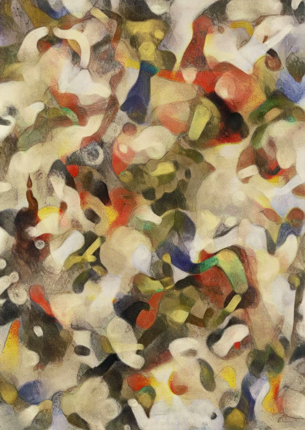 Abstract painting with swirls of various colors including red, yellow, green, black, and white.