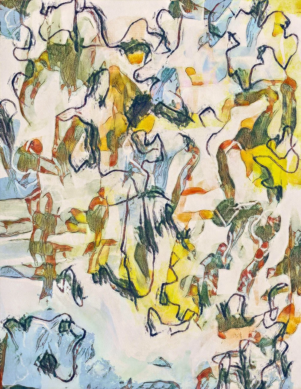 Abstract painting with colorful, swirling lines and shapes in yellows, greens, blues, and reds.