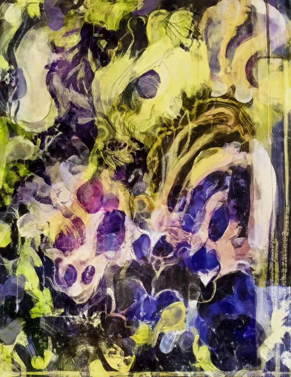 Abstract painting with floral and skull elements, featuring yellow, purple, black, and white colors.