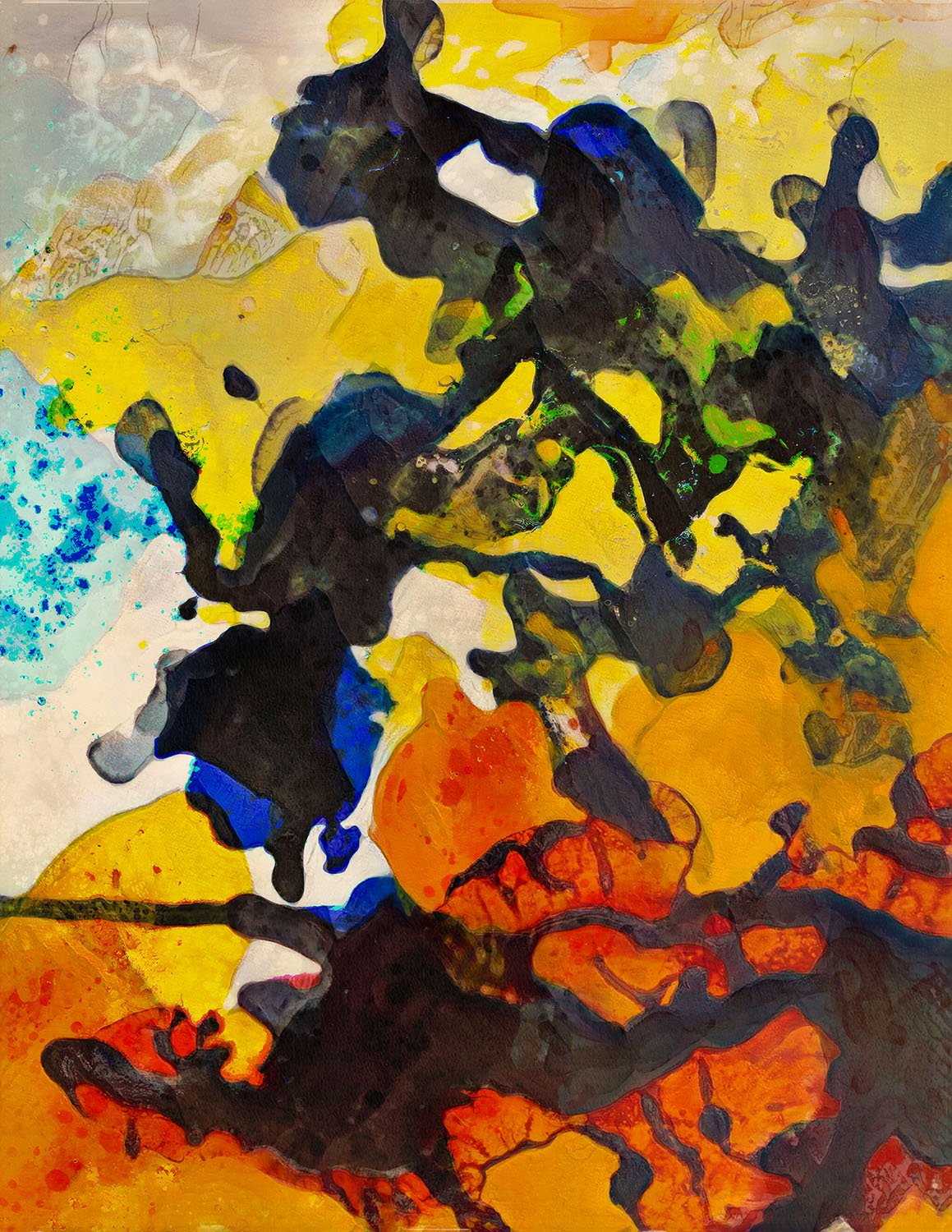 Abstract painting of a dog sitting on a pumpkin in fall, with vibrant yellow, orange, and green colors.