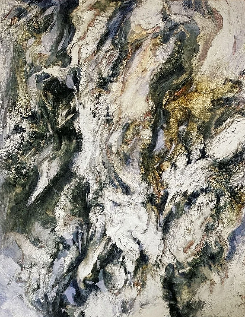 Abstract painting of cottonwood bark with swirling strokes of white, black, gold, and earthy tones resembling a textured, chaotic face or figure.