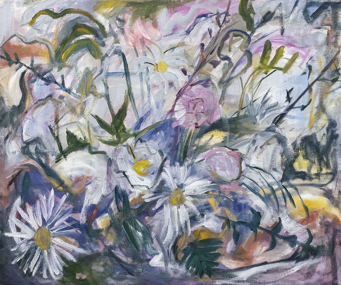 Abstract painting of a floral bouquet with white daisies, pink roses, and purple blooms, featuring loose brushstrokes and pastel colors.