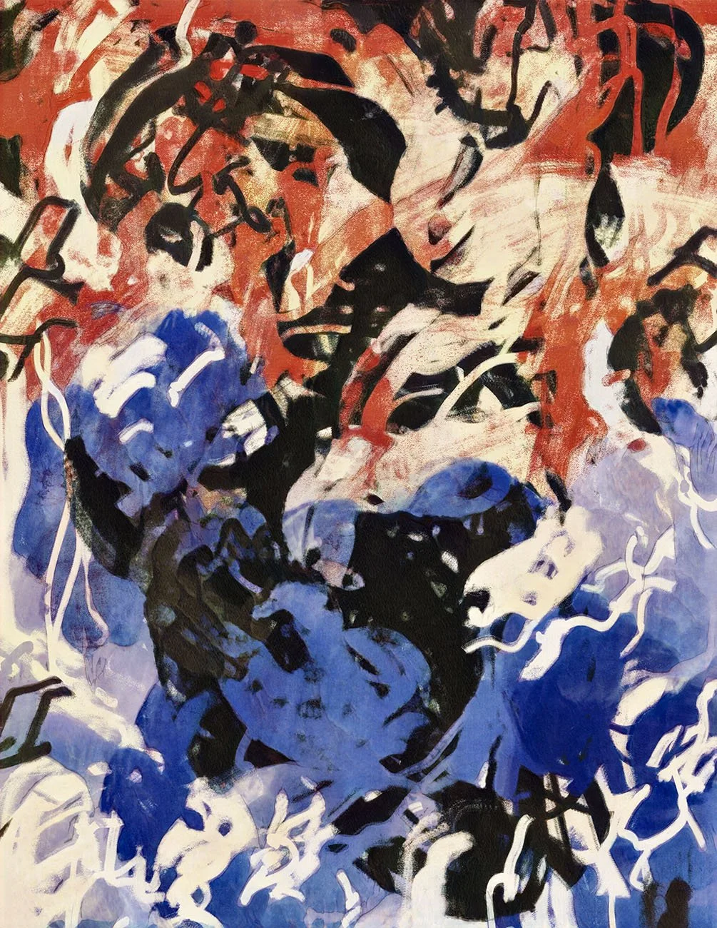 Abstract painting with colors including red, black, blue, white, and beige.