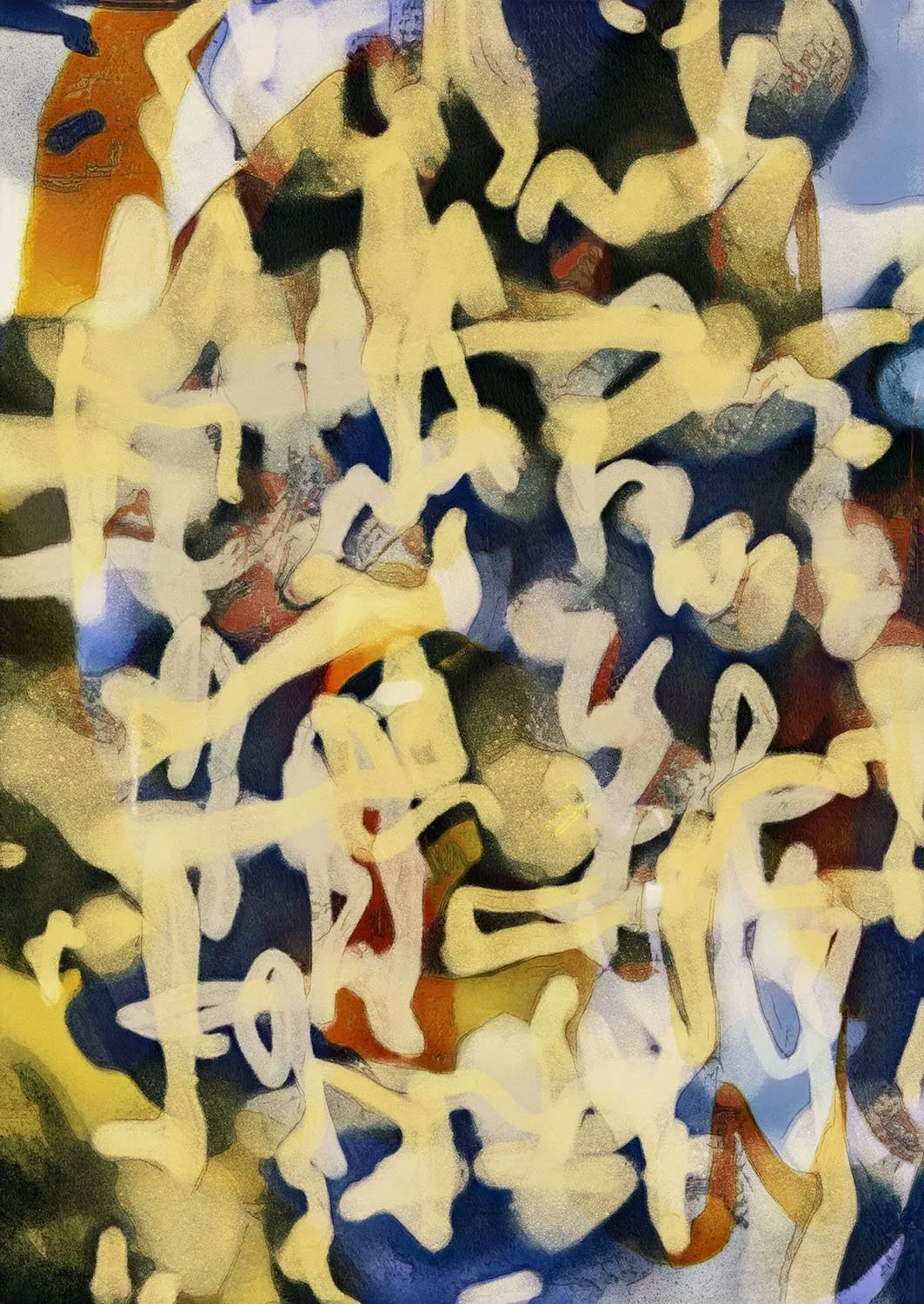 Abstract painting with swirling shapes and colors, including yellow, white, blue, black, and red.