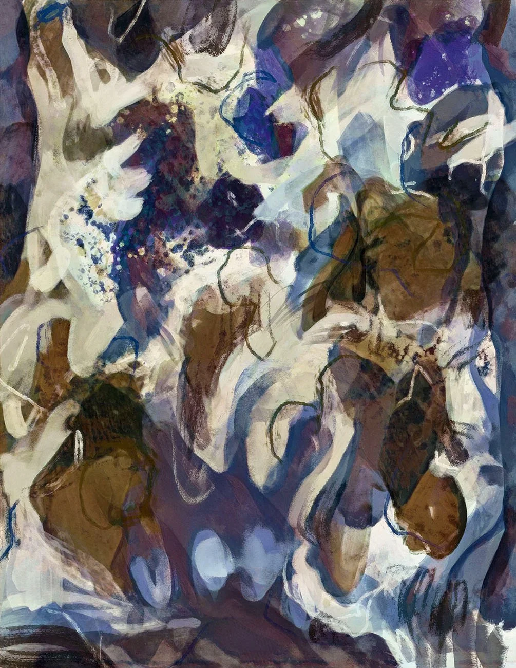 An abstract painting with swirling shapes and colors, primarily in browns, blues, and whites.