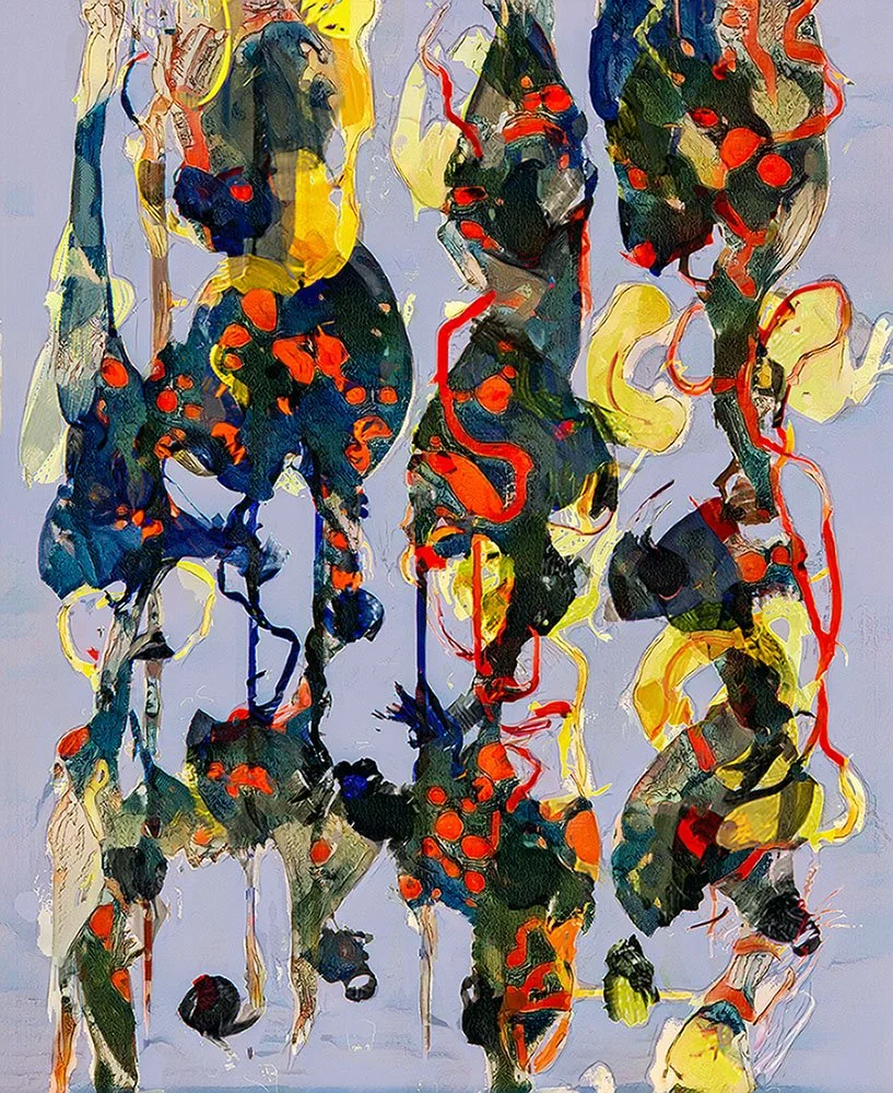 Abstract painting with vibrant colors, including black, yellow, red, blue, and green, on a purple background.