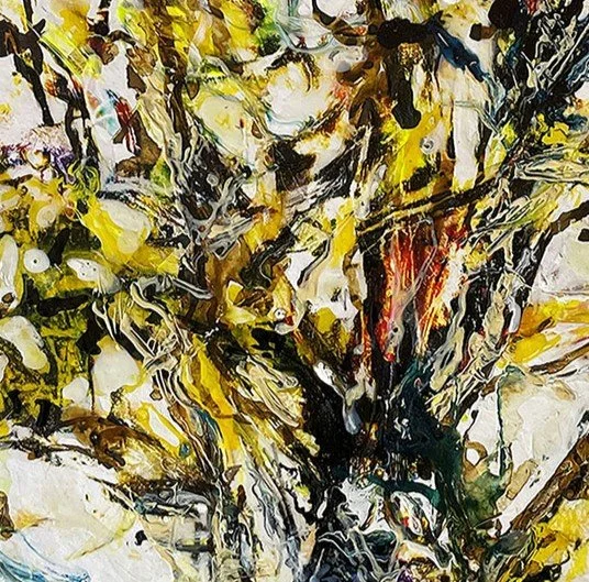 Abstract expressionist painting with black, yellow, white, and brown splashes and streaks.