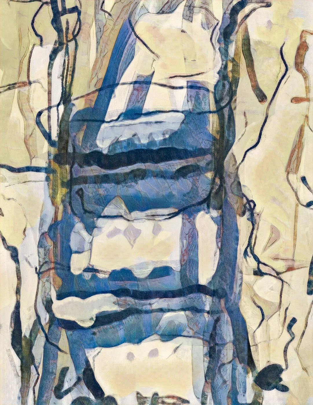 Abstract painting with shades of blue, black, beige, and hints of other colors, resembling a distorted human face or figure.