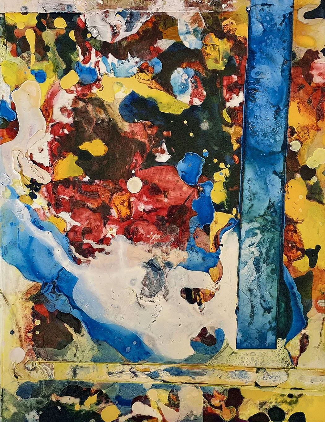 Abstract painting with vibrant splashes of yellow, red, black, blue, and white colors, featuring a prominent blue vertical stripe on the right side.