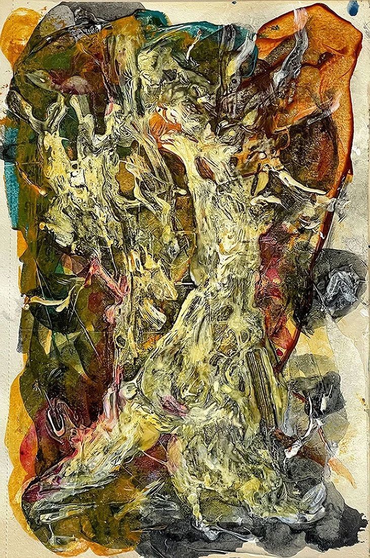 A colorful abstract painting of a tree, with vivid shades of yellow, orange, green, and black.