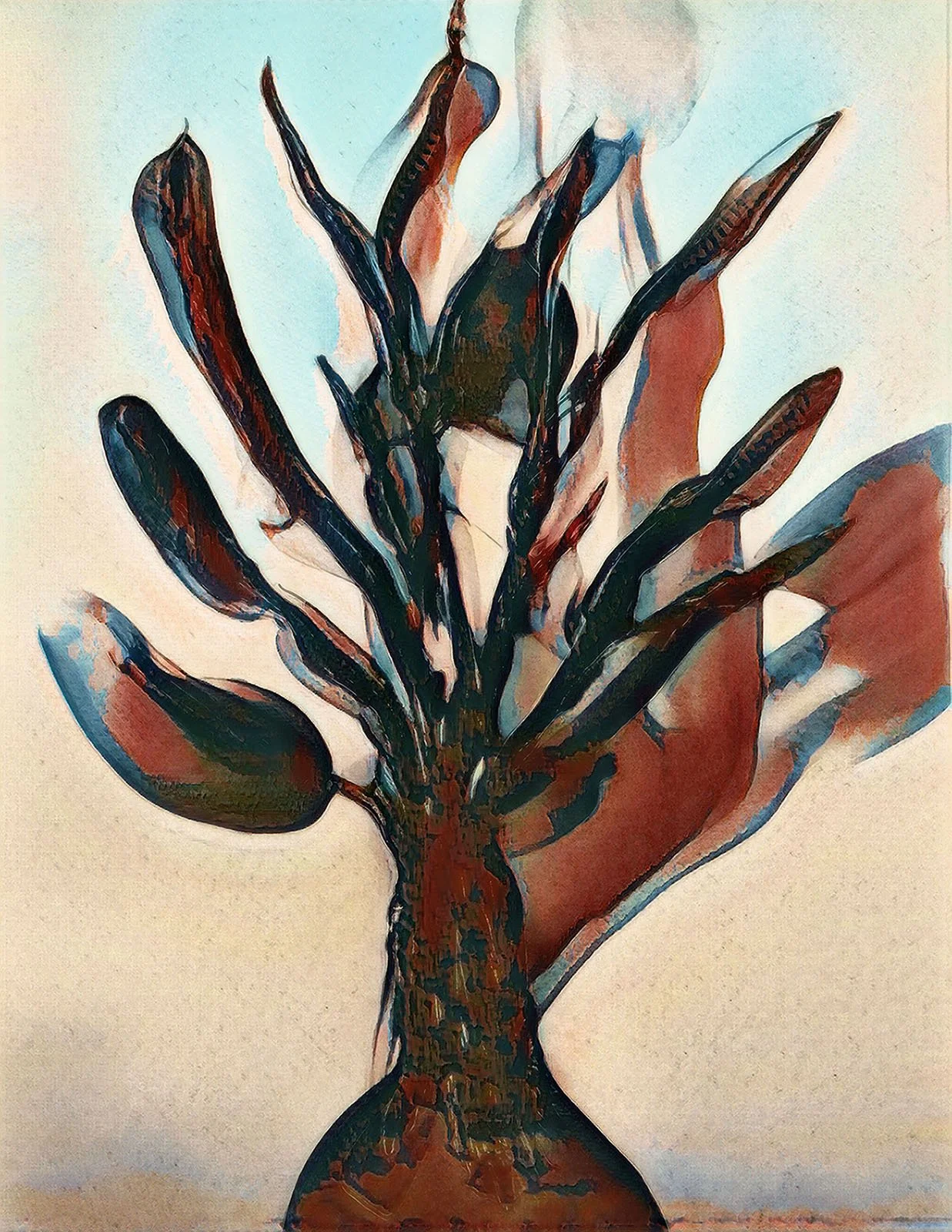 An abstract painting of a tree with dark and reddish-brown colors, with a shadow growing from the palm, against a light background.