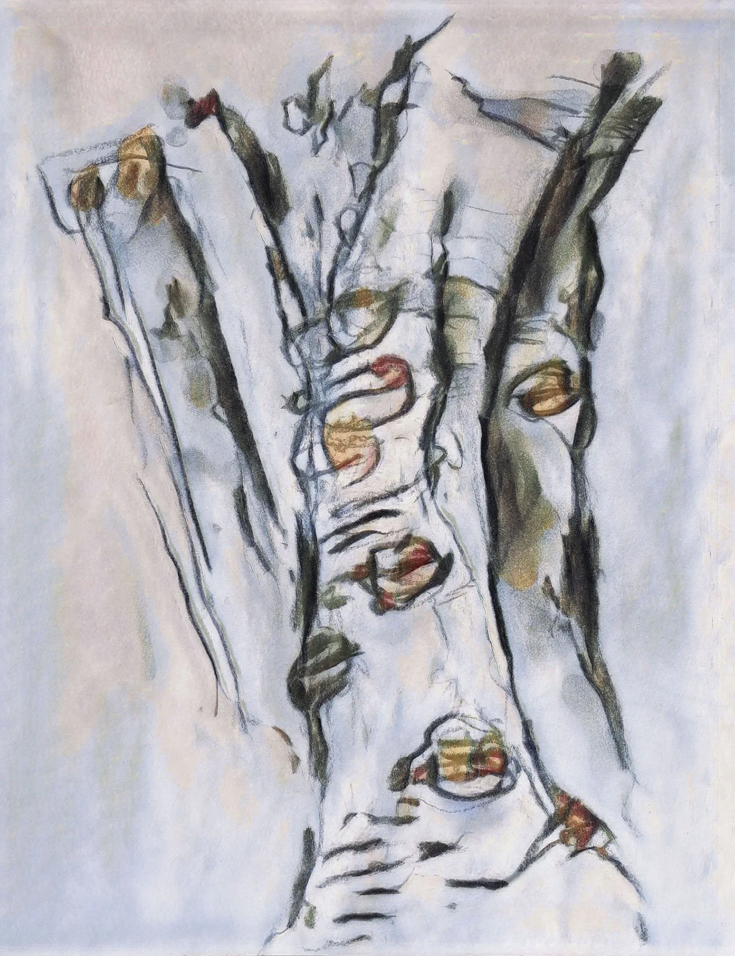 An abstract painting depicting a tree with closed eyes, rendered in loose, expressive brushstrokes with black, beige, and reddish-brown tones.