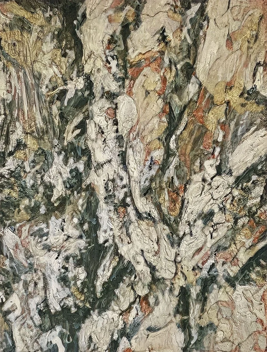 Close-up of an abstract painting with textured layers of beige, white, black, gray, and hints of orange and gold, resembling a rugged, rocky surface.