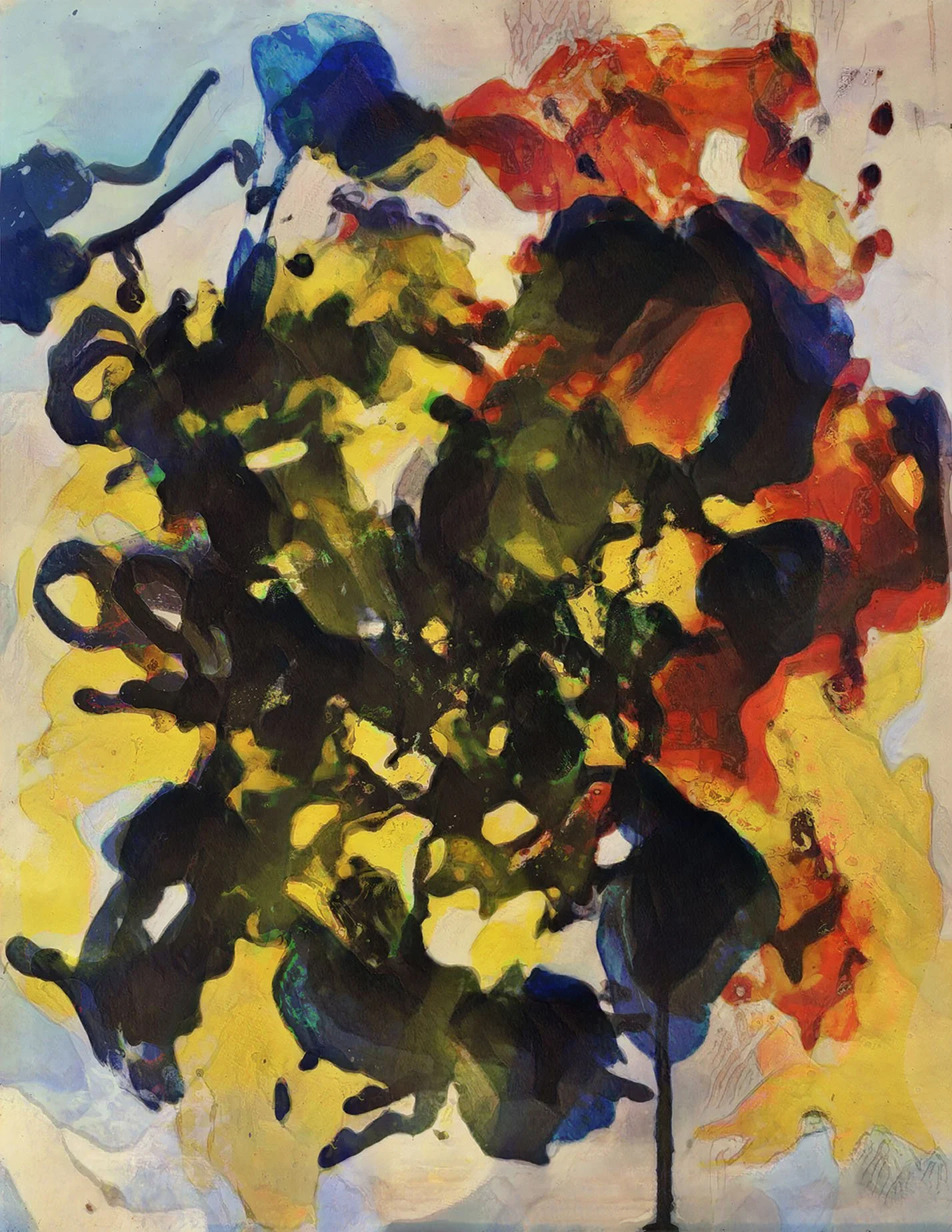 Abstract painting of an angel with colorful leaves in shades of purple, yellow, orange, and red, with a yellow background.