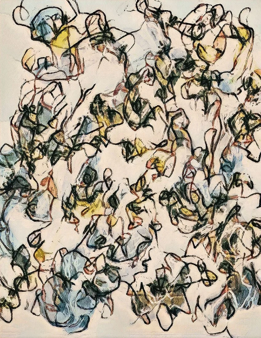 Abstract drawing of numerous human figures in motion, sketched with black, yellow, and blue lines.