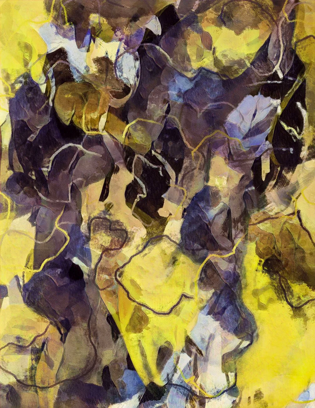 Abstract painting with swirling patterns in shades of yellow, purple, black, and white.