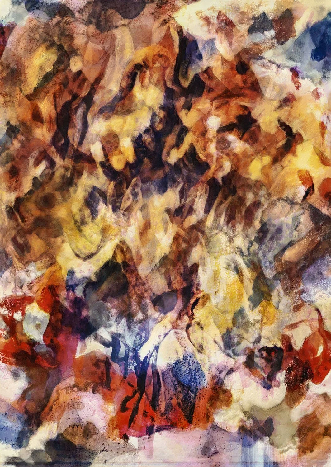 Abstract painting with warm tones of yellow, orange, red, brown, and hints of purple, with swirling and overlapping brushstrokes.