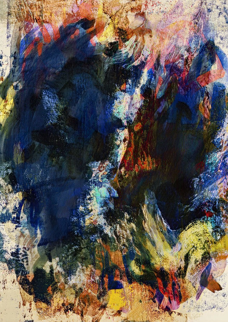 Abstract painting with vibrant colors including blue, red, yellow, and black, creating a textured and dynamic visual composition.
