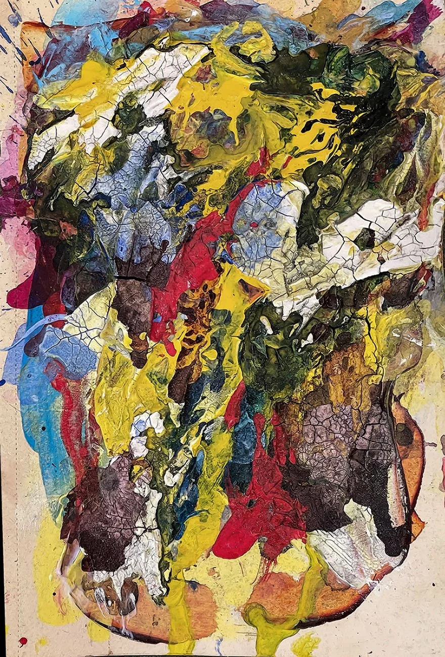 Abstract expressionist painting with vibrant splashes of yellow, white, black, red, blue, purple, pink, and brown across a textured surface.