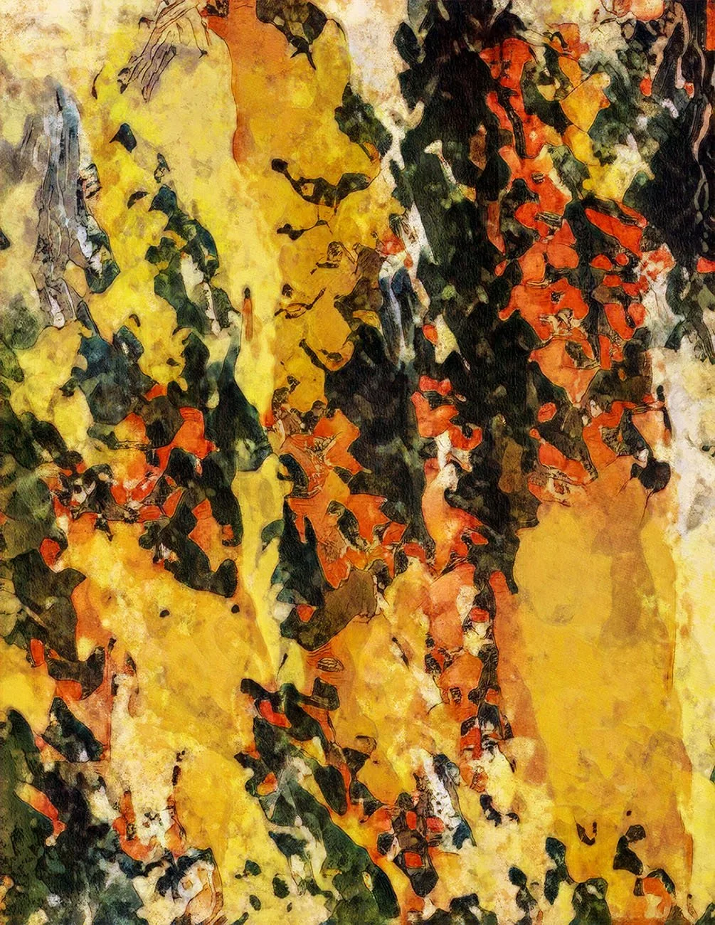 Abstract painting with warm tones of yellow, orange, black, and hints of gray, creating a textured, layered appearance.