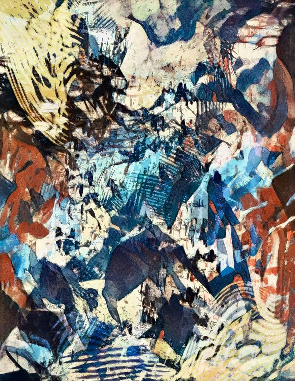 Abstract painting with a mix of blue, yellow, black, white, and brown colors, featuring jagged shapes and energetic brushstrokes.