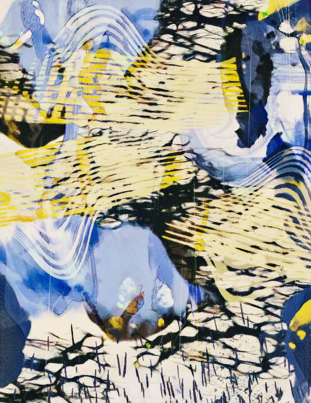 Abstract artwork with a mix of yellow, black, white, and blue colors, featuring fluid lines, streaks, and patterns that resemble a combination of natural and geometric forms.
