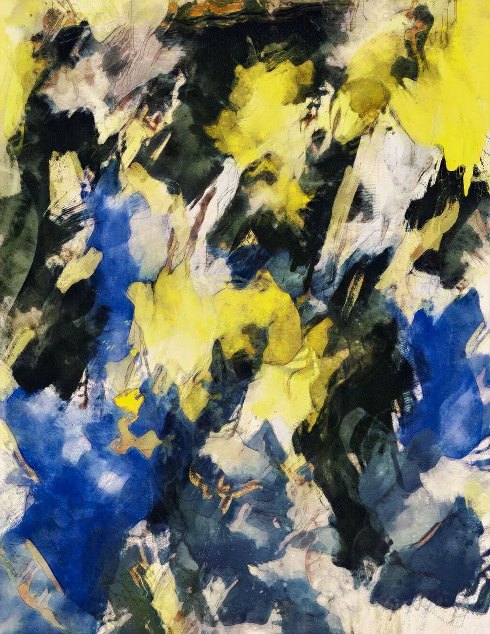 Abstract painting with splashes of black, yellow, blue, and white colors, creating a dynamic and chaotic composition.