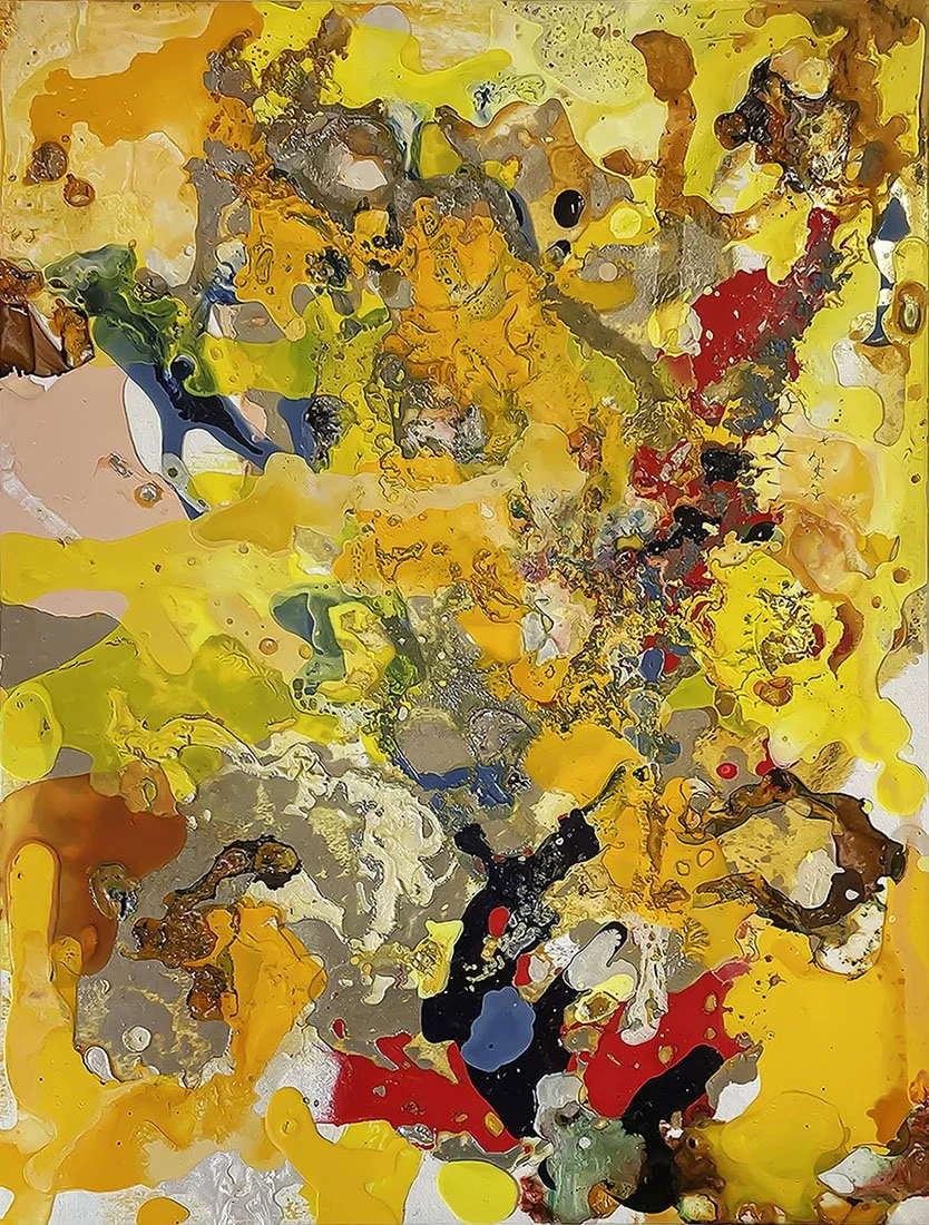 An abstract painting with splashes of yellow, red, black, gray, and white paint.