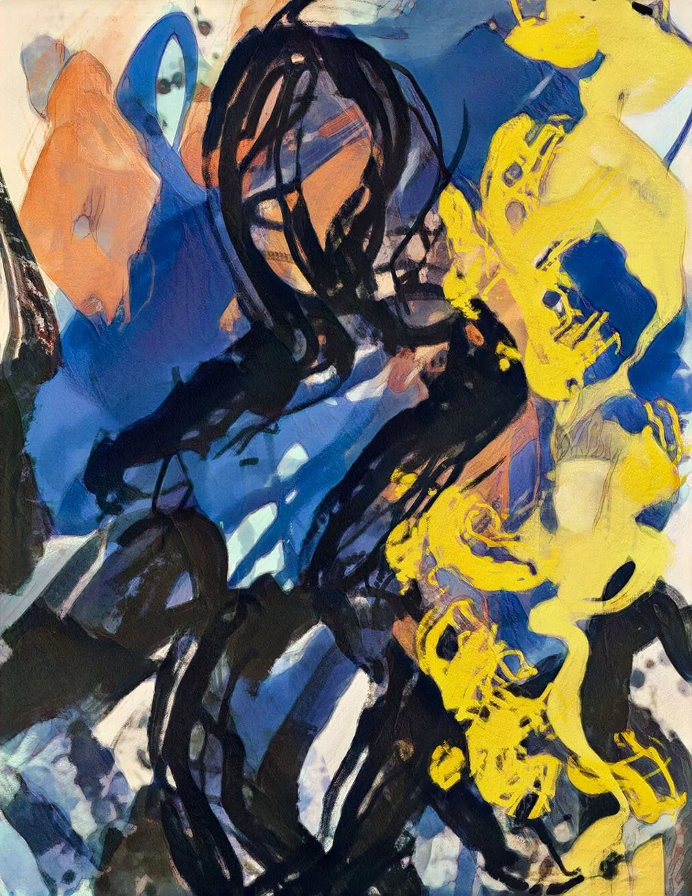Abstract painting featuring black, blue, yellow, and orange strokes. The composition suggests a stylized human face with long black hair and yellow figures on the right side.